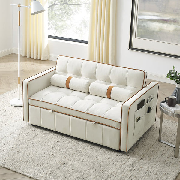 English Elm Modern Velvet Pull-Out Sofa Bed 2-Seater with Adjustable 3-Position Backrest, Lumbar Pillows & Pockets Beige W119368699