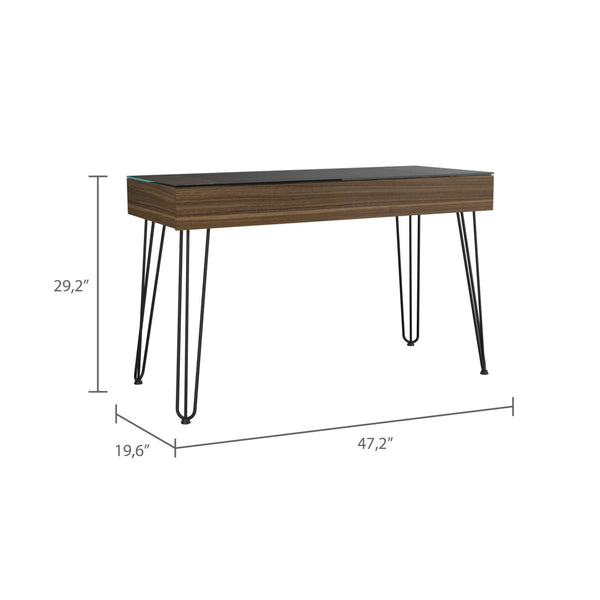 English Elm Mahogany Writing Desk With Glass Top, Hairpin Legs & Drawer - Stylish Compact Home Office Solution B062S00069