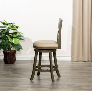 English Elm 24" Counter Height Swivel Stool - Farmhouse Style In Weathered Gray With French Gray Leather Seat B04660726