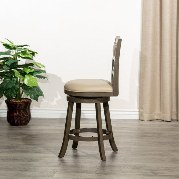 English Elm 24" Counter Height Swivel Stool - Farmhouse Style In Weathered Gray With French Gray Leather Seat B04660726