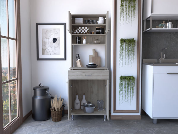 English Elm Santa 1-Drawer Area Pantry with 5 Shelves, 4 Doors and Open Appliance Surface for Kitchen Storage Light Gray B06280027