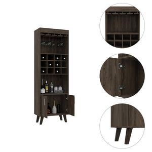 English Elm Dark Walnut Elegant Wine Bar Cabinet with 12 Cubbies, 1 Drawer, 2 Shelves & Dual Doors, 4-Leg Stand B062S00042