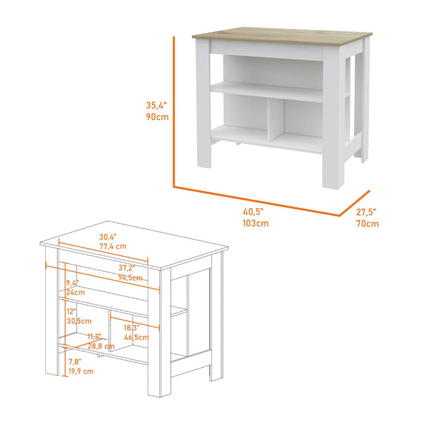 English Elm Rockaway 3-Shelf Kitchen Island In White And Light Oak - Stylish Storage & Prep Station For Every Home B06280054-GIGA
