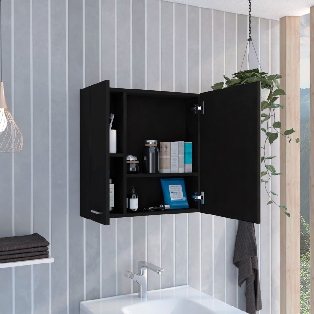English Elm 4-Shelf Black Wenge Bathroom Medicine Cabinet with Mirror, Double-Door Storage & Top Shelf Space B06280223