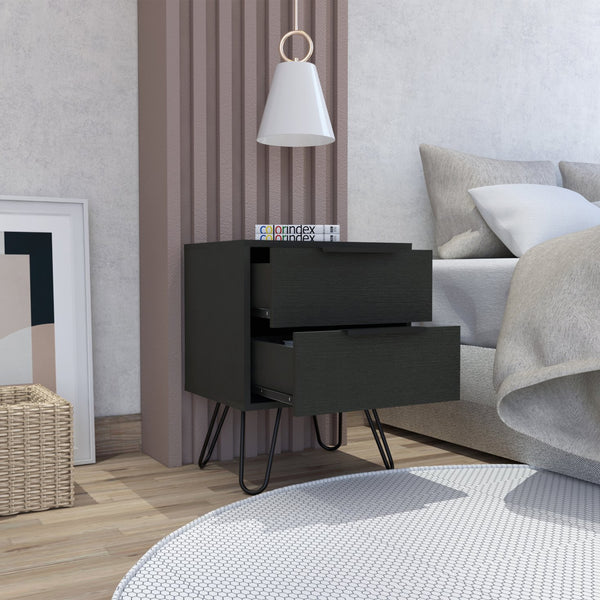 English Elm Wenge Modern 2-Drawer Nightstand with Steel Legs — Sleek Minimalist Storage for Contemporary Homes B06280316