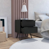 Modern Black Wengue Nightstand with 2 Drawers | Steel Legs, Minimalist Design, 13.70 x 17.71 x 22.44