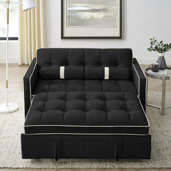 English Elm Modern Velvet Pull-Out Sofa Bed 2-Seater with Adjustable 3-Position Backrest, Lumbar Pillows & Pockets Black W119368698