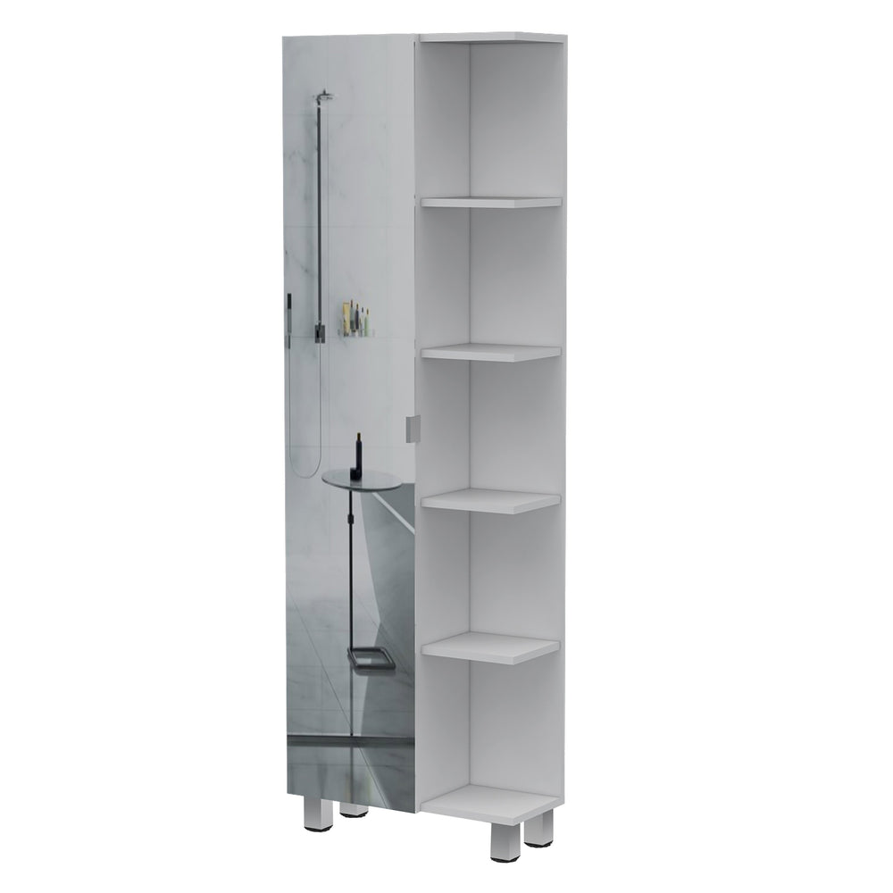 English Elm Portland Tall Linen Cabinet with Five Open Shelves and Concealed Door Storage for Bathroom Organization White B06280256