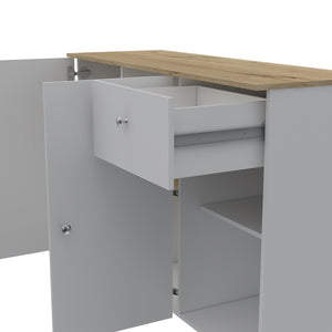 English Elm Sayville White and Pine Kitchen Island with Rolling Lock Casters, 2 Drawers, 6 Shelves, Towel Bars B062S00030