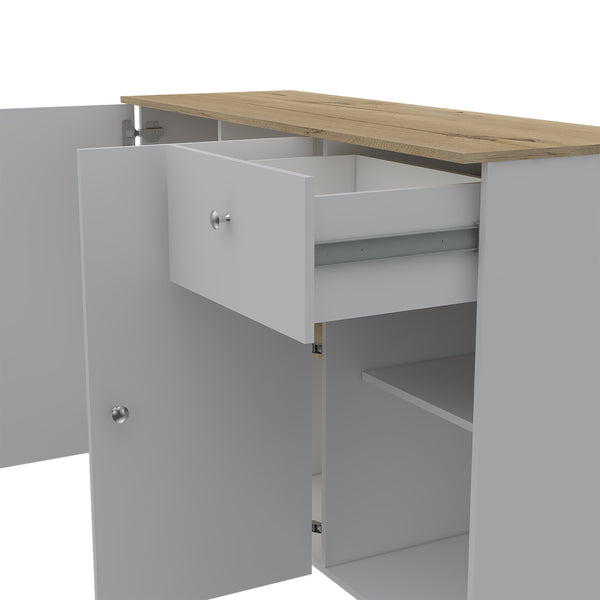 English Elm Sayville White and Pine Kitchen Island with Rolling Lock Casters, 2 Drawers, 6 Shelves, Towel Bars B062S00030
