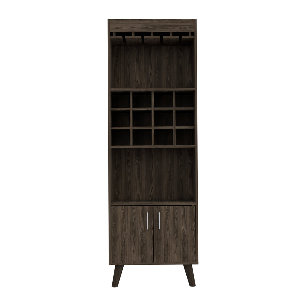 English Elm Dark Walnut Elegant Wine Bar Cabinet with 12 Cubbies, 1 Drawer, 2 Shelves & Dual Doors, 4-Leg Stand B062S00042