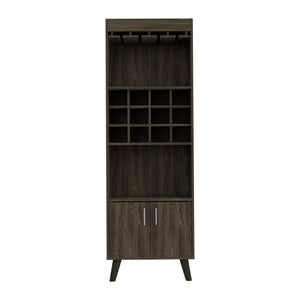 English Elm Dark Walnut Elegant Wine Bar Cabinet with 12 Cubbies, 1 Drawer, 2 Shelves & Dual Doors, 4-Leg Stand B062S00042
