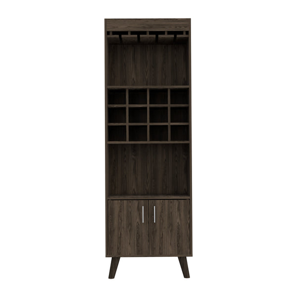 English Elm Dark Walnut Elegant Wine Bar Cabinet with 12 Cubbies, 1 Drawer, 2 Shelves & Dual Doors, 4-Leg Stand B062S00042