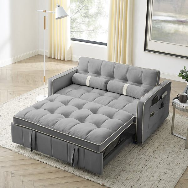 English Elm Modern Velvet Pull-Out Sofa Bed 2-Seater with Adjustable 3-Position Backrest, Lumbar Pillows & Pockets Grey W119368697