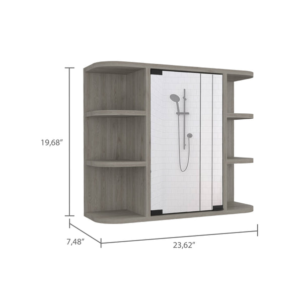 English Elm Roseburg Elegant 9-Shelf Medicine Cabinet with Center Mirror Door and Six Open Display Shelves for Bath Light Gray B06280465