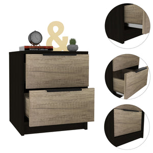 English Elm Wenge Two-Drawer Nightstand with Pine Accents, Modern Finish, Smooth Metal Hardware, Compact Storage B06280501