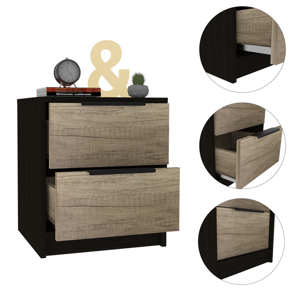 English Elm Wenge Two-Drawer Nightstand with Pine Accents, Modern Finish, Smooth Metal Hardware, Compact Storage B06280501