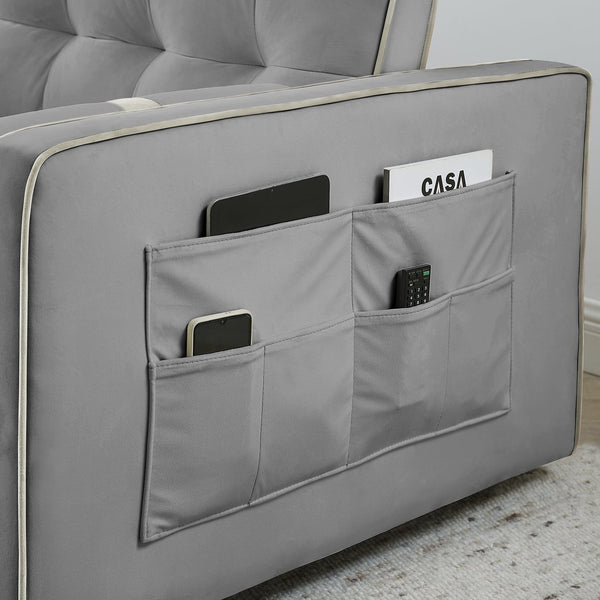 English Elm Modern Velvet Pull-Out Sofa Bed 2-Seater with Adjustable 3-Position Backrest, Lumbar Pillows & Pockets Grey W119368697