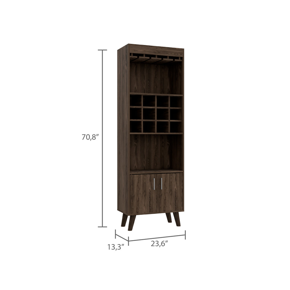 English Elm Dark Walnut Elegant Wine Bar Cabinet with 12 Cubbies, 1 Drawer, 2 Shelves & Dual Doors, 4-Leg Stand B062S00042