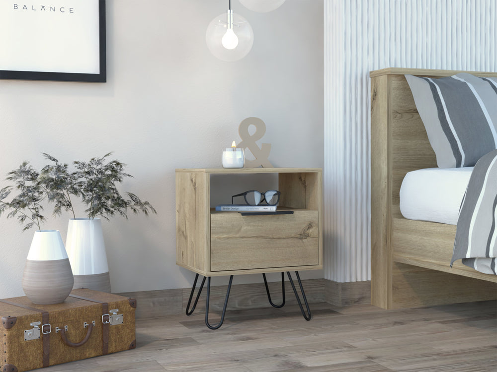 English Elm Light Oak Hairpin-Leg Nightstand with Drawer & Shelf, Modern Industrial Accent Table for Cozy Bedrooms B06280480