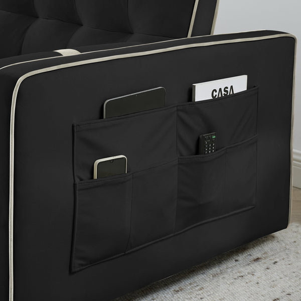 English Elm Modern Velvet Pull-Out Sofa Bed 2-Seater with Adjustable 3-Position Backrest, Lumbar Pillows & Pockets Black W119368698