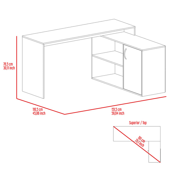 English Elm White L-Shaped Office Desk with Drawer & Dual Shelves, Space-Saving Corner Cabinet, Clean Modern Design B062S00038