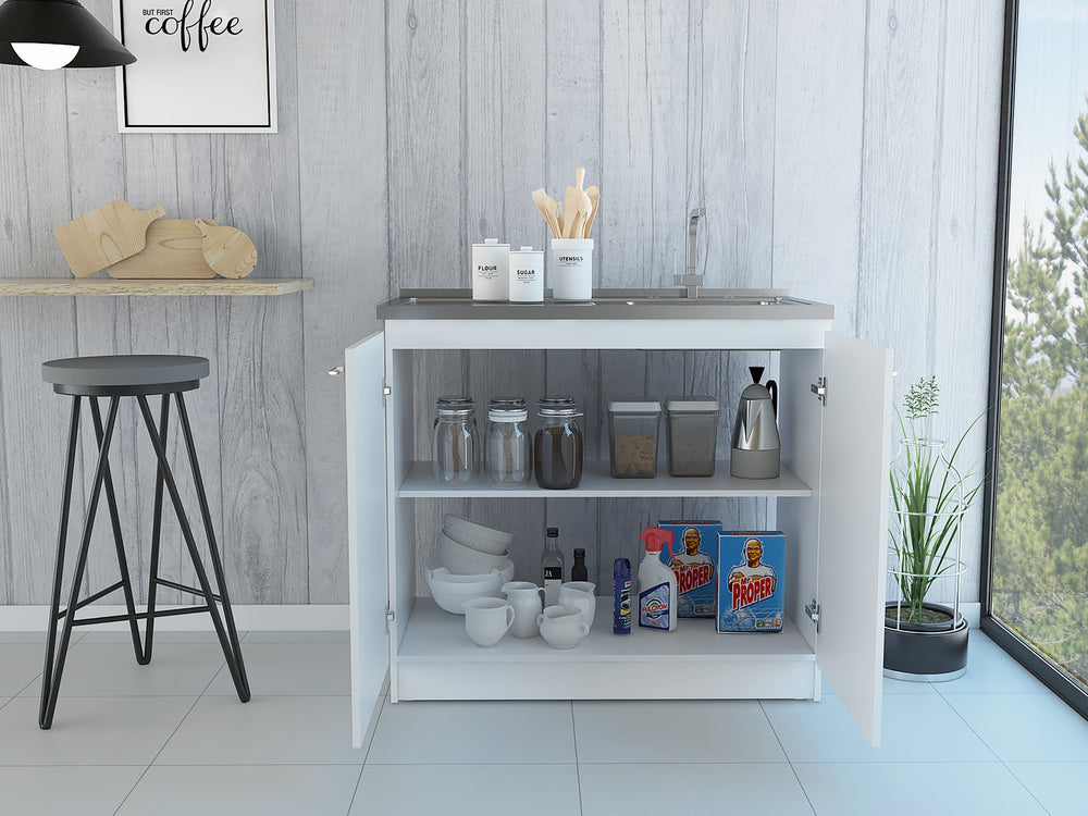 English Elm White Contemporary 2-Door Utility Sink Cabinet with Countertop Workspace, Ample Storage, 39.3" Wide B062S00093