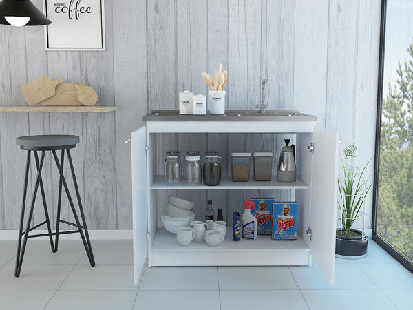 English Elm White Contemporary 2-Door Utility Sink Cabinet with Countertop Workspace, Ample Storage, 39.3" Wide B062S00093