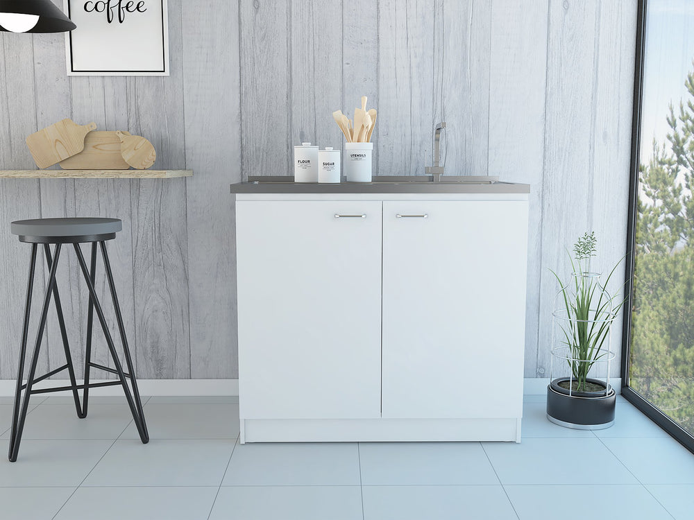 English Elm White Contemporary 2-Door Utility Sink Cabinet with Countertop Workspace, Ample Storage, 39.3" Wide B062S00093