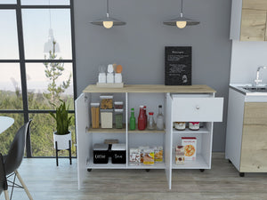 English Elm Sayville White and Pine Kitchen Island with Rolling Lock Casters, 2 Drawers, 6 Shelves, Towel Bars B062S00030