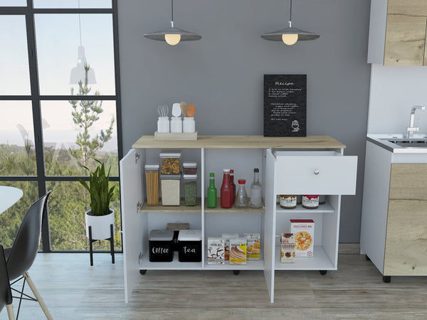 English Elm Sayville White and Pine Kitchen Island with Rolling Lock Casters, 2 Drawers, 6 Shelves, Towel Bars B062S00030