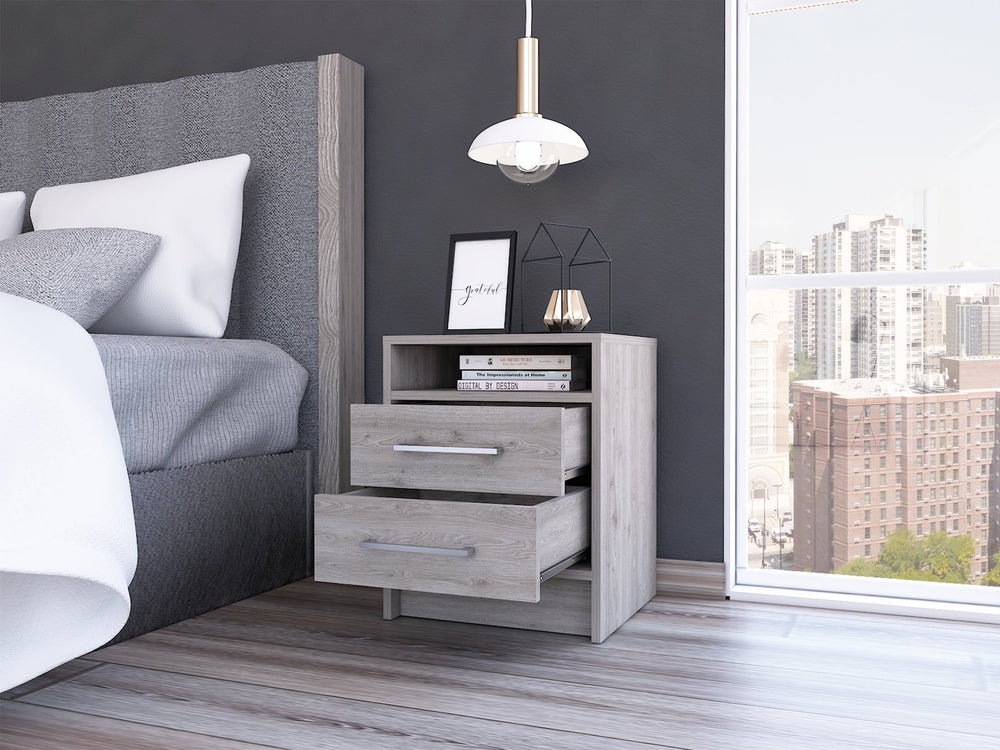 English Elm Rowley modern two-drawer nightstand with shelf, durable metal pulls and rails for stylish bedside storage Light Gray B06280356