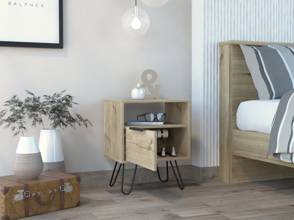 English Elm Light Oak Hairpin-Leg Nightstand with Drawer & Shelf, Modern Industrial Accent Table for Cozy Bedrooms B06280480
