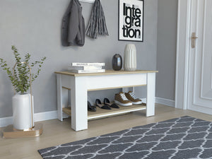 English Elm Karmen Lift-Top Storage Table with Hidden Compartments and Shoe Rack, Light Oak Accent for Entryway White B06280111