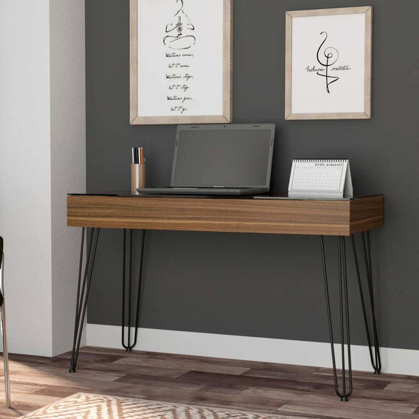 English Elm Mahogany Writing Desk With Glass Top, Hairpin Legs & Drawer - Stylish Compact Home Office Solution B062S00069
