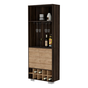 English Elm Paso Corner Bar Cabinet 10-Bottle Dark Oak & Pine — 3 Shelves, 2 Doors, Cup Rack, Stylish Storage Centerpiece B062S00016