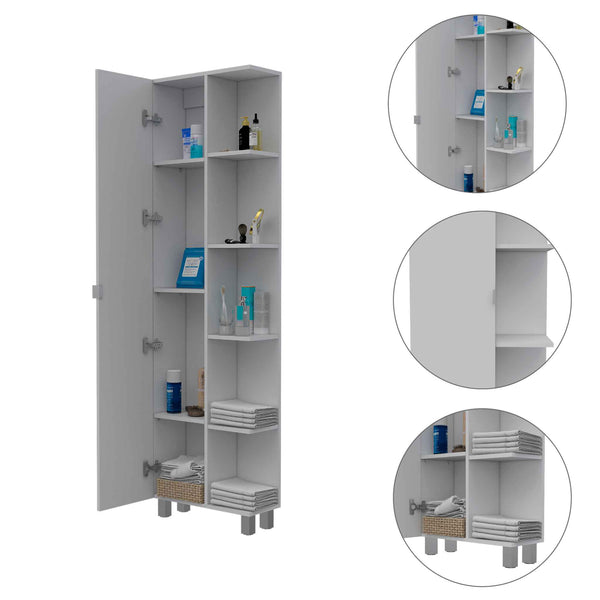 English Elm White Linen Cabinet 5-Shelf Tall Compact Storage Tower with Hidden Door & Open Display Shelves - Modern Bathroom Organizer B06280253