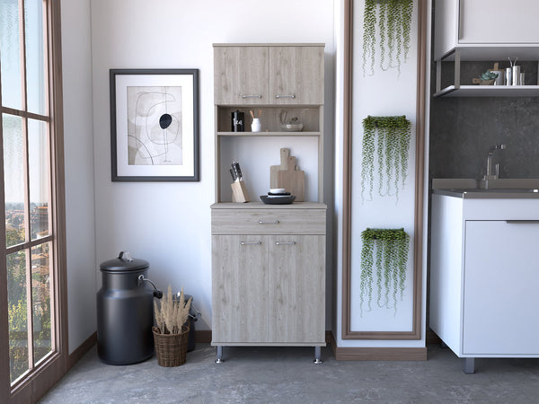 English Elm Santa 1-Drawer Area Pantry with 5 Shelves, 4 Doors and Open Appliance Surface for Kitchen Storage Light Gray B06280027