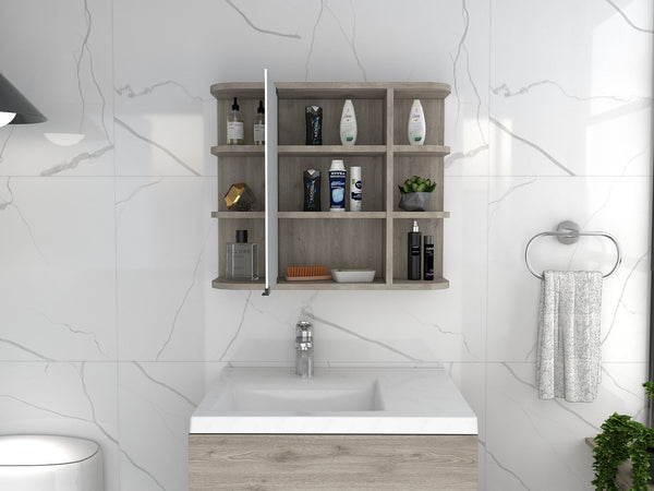English Elm Roseburg Elegant 9-Shelf Medicine Cabinet with Center Mirror Door and Six Open Display Shelves for Bath Light Gray B06280465