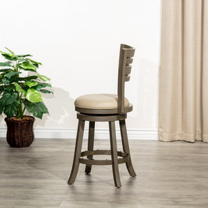 English Elm 24" Counter Height Slat Back Swivel Stool, Weathered Gray Finish, French Gray Leather Seat