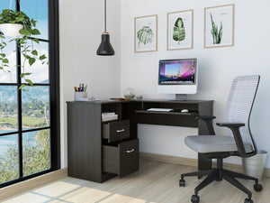 English Elm Wenge L-Shaped Computer Desk with 2 Drawers & 3 Shelves, Spacious Workstation with Ample Storage B06280388