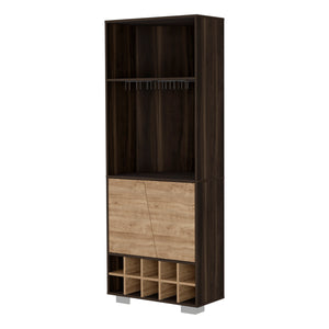 English Elm Paso Corner Bar Cabinet 10-Bottle Dark Oak & Pine — 3 Shelves, 2 Doors, Cup Rack, Stylish Storage Centerpiece B062S00016