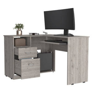 English Elm Light Grey L-Shaped Computer Desk with 2 Drawers & 1 Shelf — Modern Compact Corner Workspace Utility, Sturdy Finish, Ample Storage and Legroom B06280386