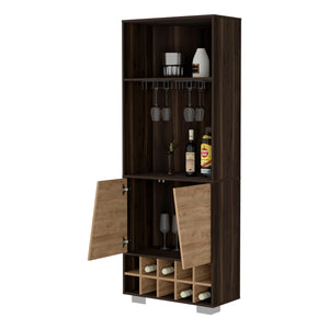 English Elm Paso Corner Bar Cabinet 10-Bottle Dark Oak & Pine — 3 Shelves, 2 Doors, Cup Rack, Stylish Storage Centerpiece B062S00016