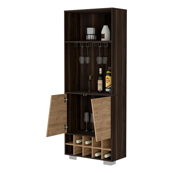 English Elm Paso Corner Bar Cabinet 10-Bottle Dark Oak & Pine — 3 Shelves, 2 Doors, Cup Rack, Stylish Storage Centerpiece B062S00016
