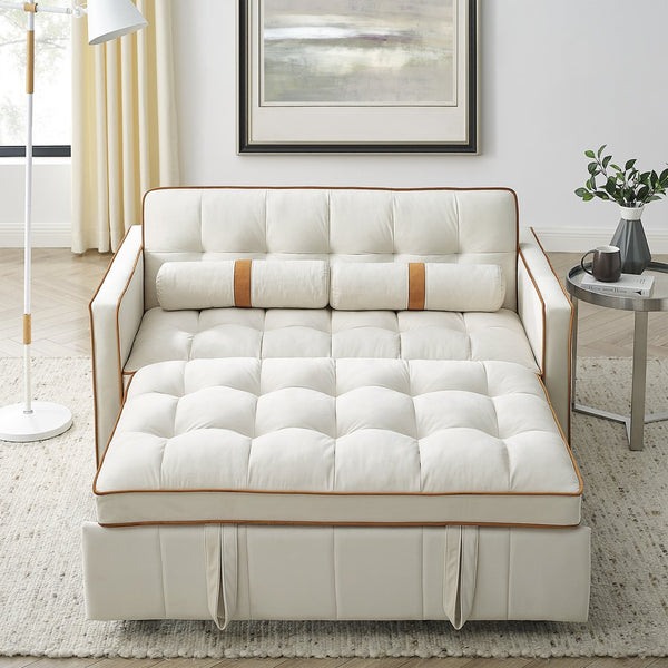 English Elm Modern Velvet Pull-Out Sofa Bed 2-Seater with Adjustable 3-Position Backrest, Lumbar Pillows & Pockets Beige W119368699