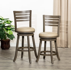 English Elm 24" Counter Height Swivel Stool with Slat Back, Bonded Leather Seat, Solid Hardwood Frame, Durable Gray B04660700