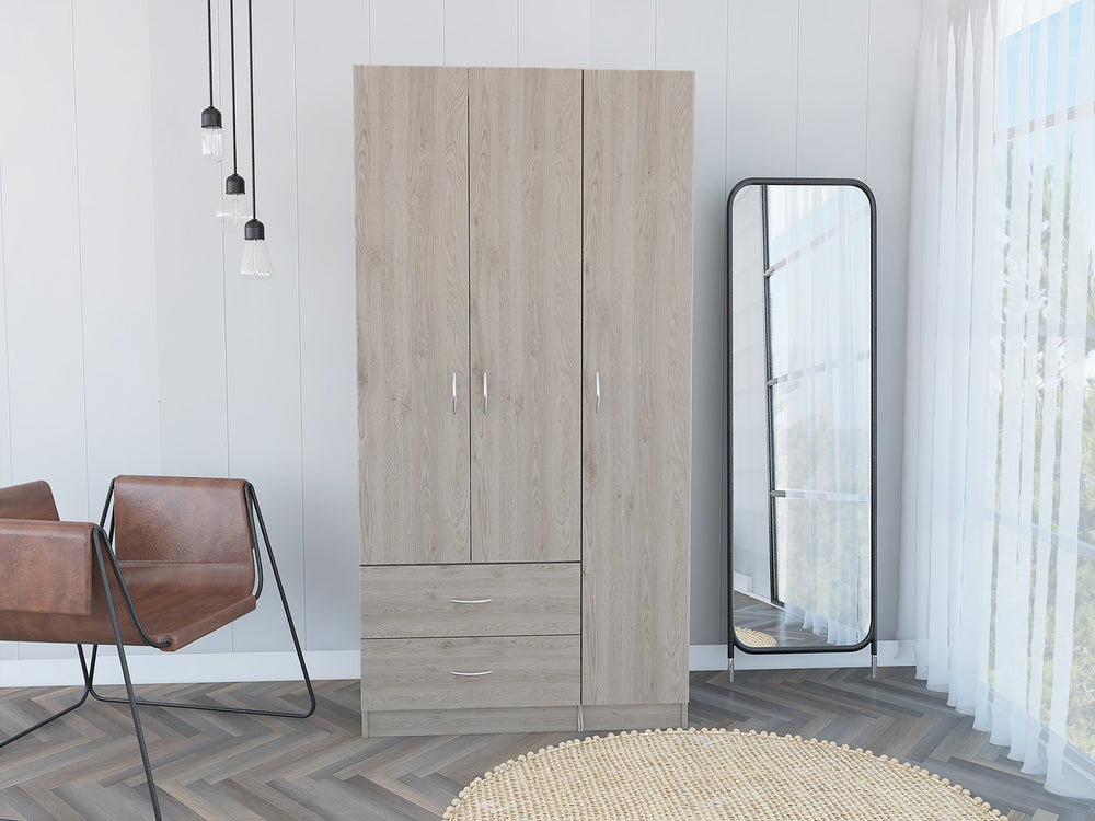 English Elm Rowaton Light Gray 2-Drawer 3-Door Armoire – 70.8" Tall Spacious Storage Closet with 4 Shelves B062S00046