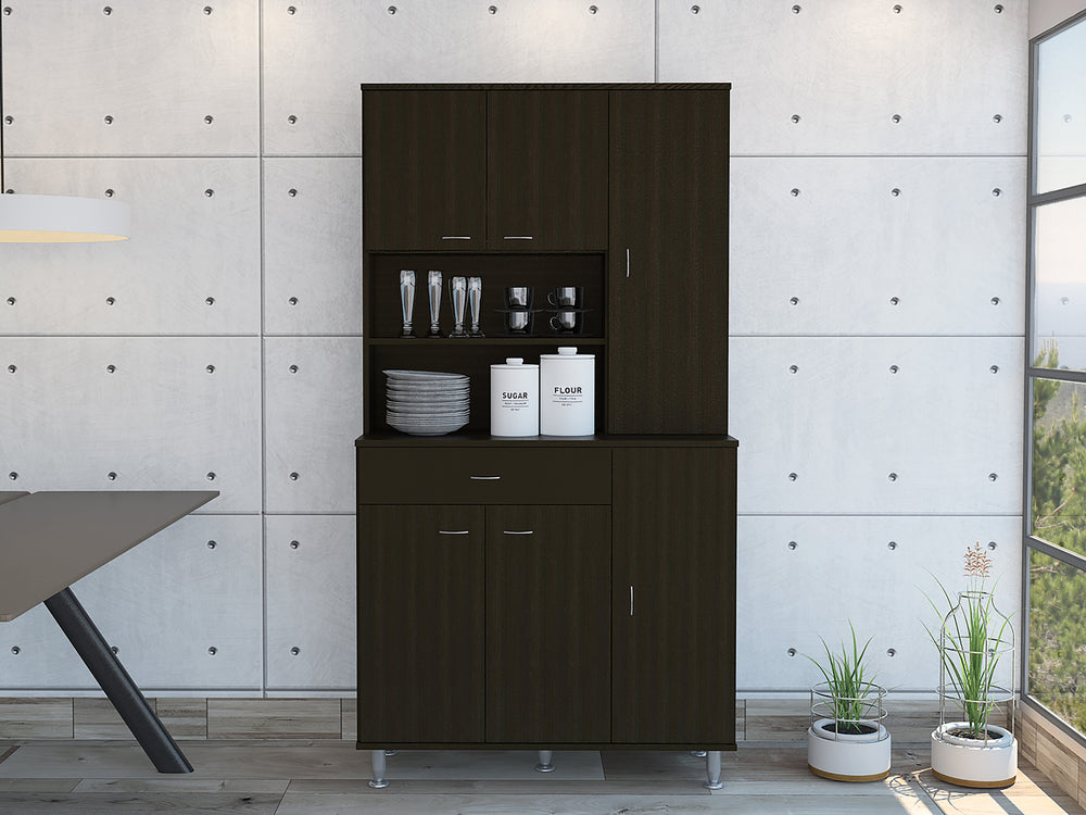 English Elm 1-Shelf Wenge Pantry Cabinet with 1 Drawer, 9 Shelves & 6 Doors — Tall 66.5" Storage Hutch for Kitchen and Dining (35.4" W x 13.7" D) B062S00129