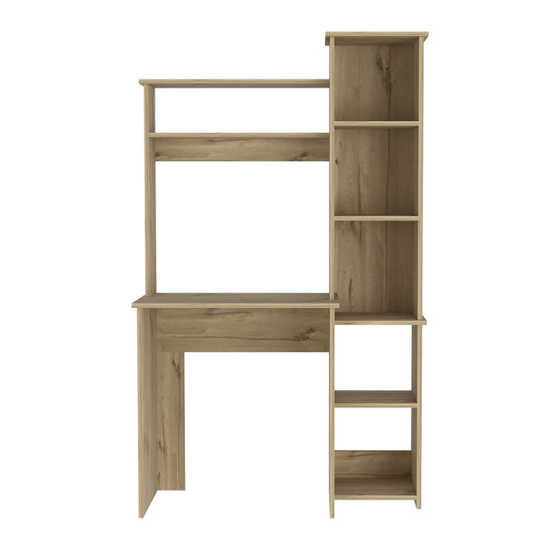 English Elm Light Oak 6-Shelf Writing Desk with Built-in Bookcase and Spacious Shelves, Sturdy Manufactured Wood Finish B06280289